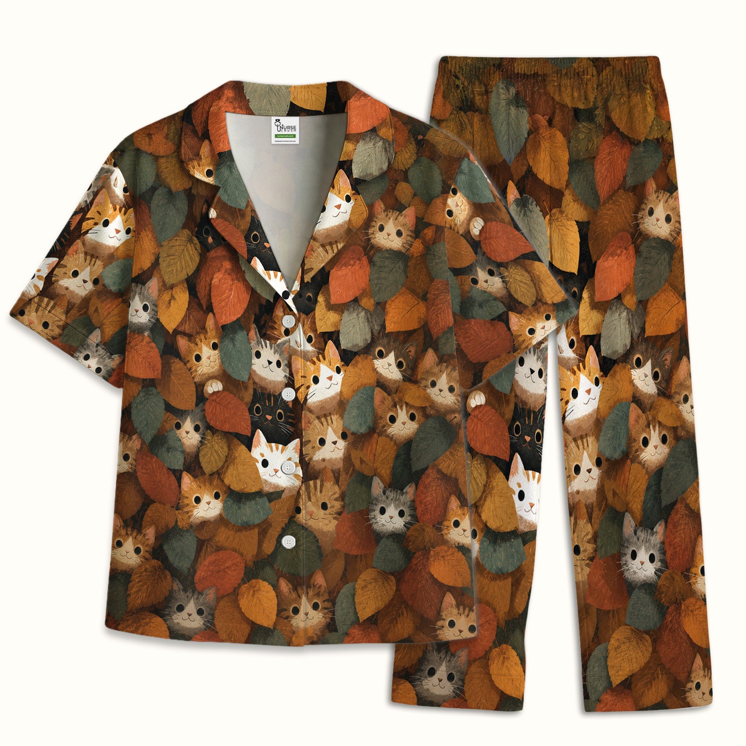 Cute Autumn Cat Leaf Pile Pattern Pajama Set, Soft Breathable Fabric Comfortable Sleepwear