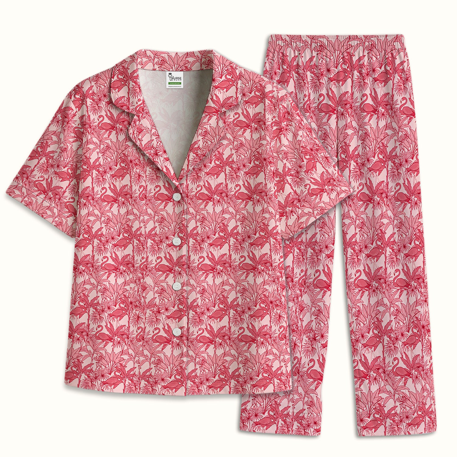 Tropical Flamingo Palm Leaves Pattern Pajama Set, Breathable Fabrics Uniform