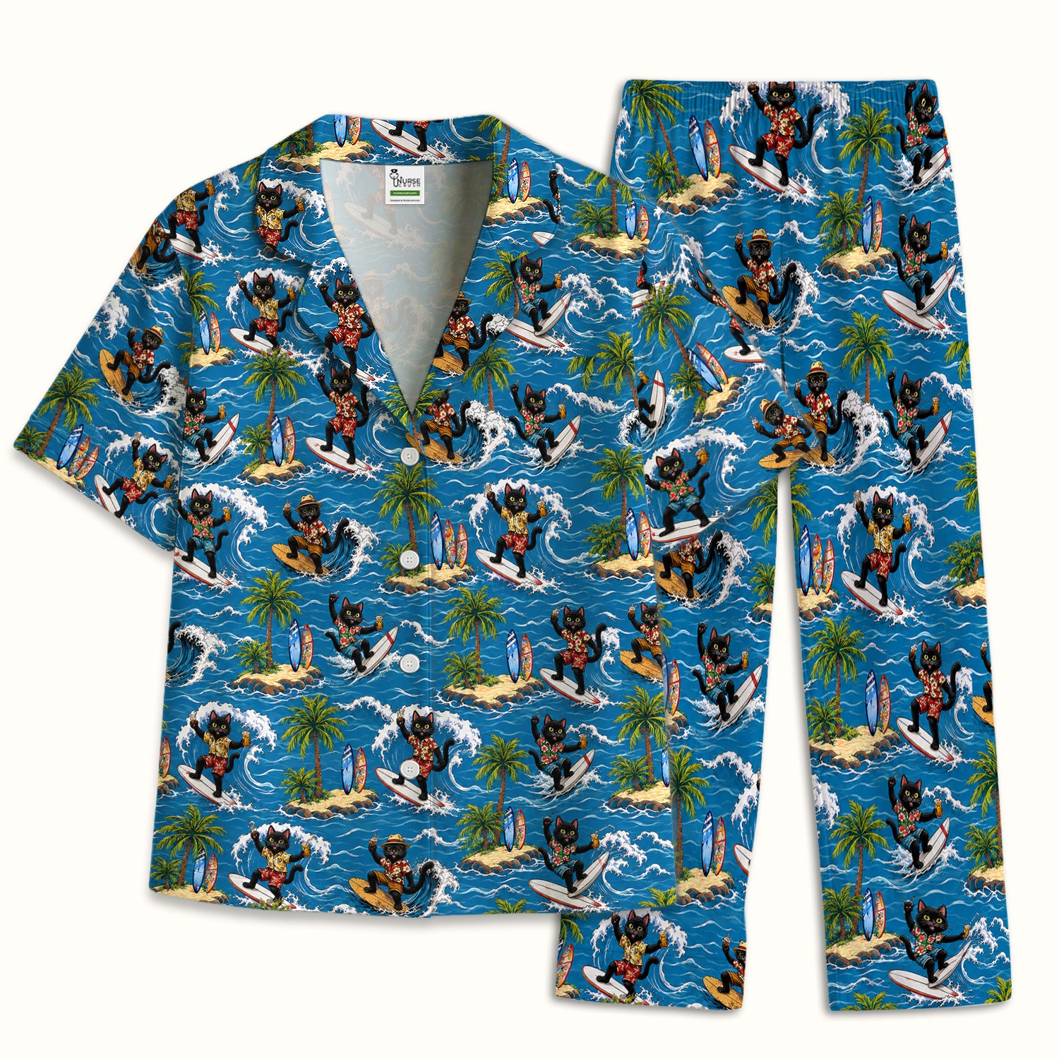 Tropical Black Cat Surfer Island Pattern Pajama Set, Soft Breathable Fabric Comfortable Sleepwear