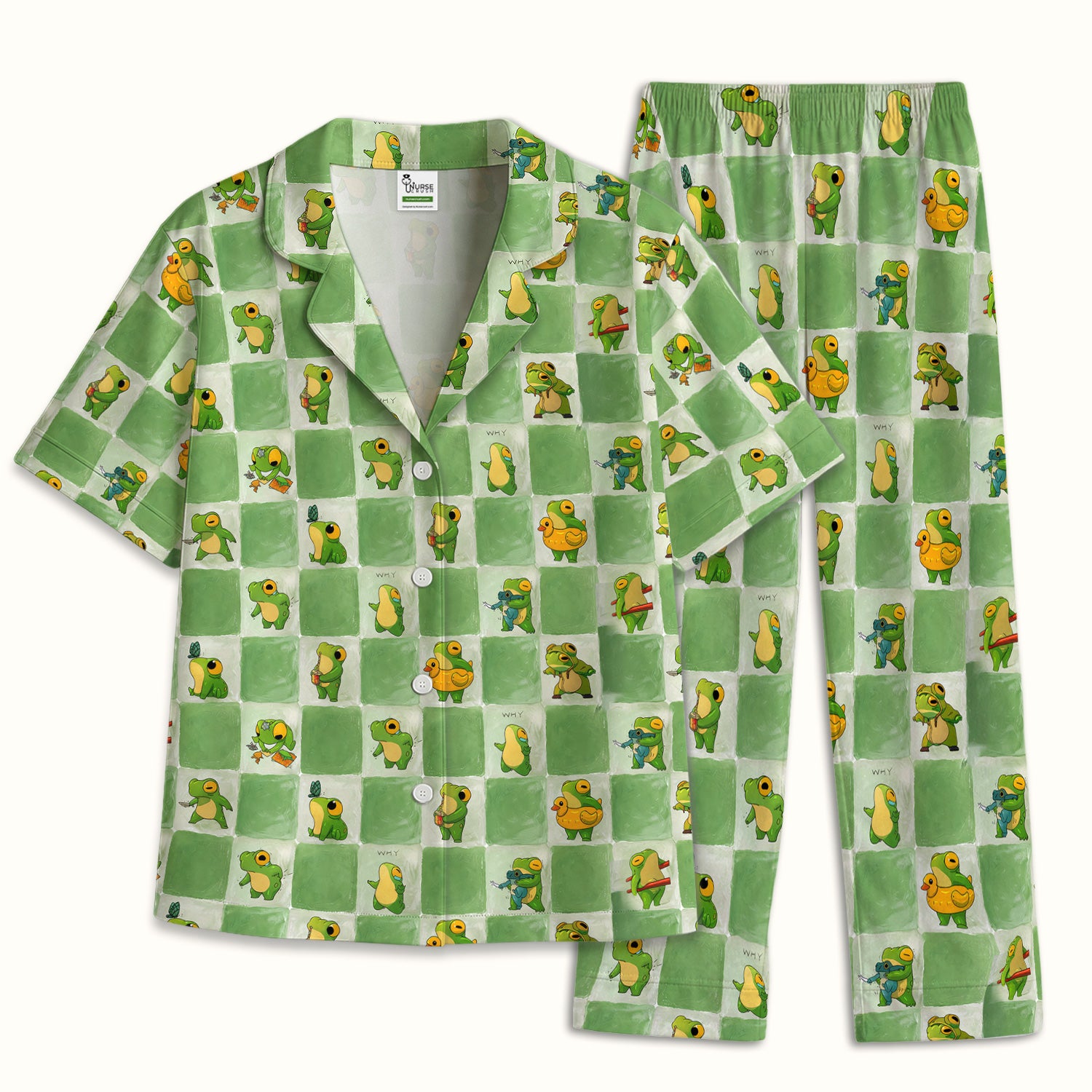 Cute Frog Duck Checkerboard Pattern Pajama Set, Breathable Fabrics Uniform
