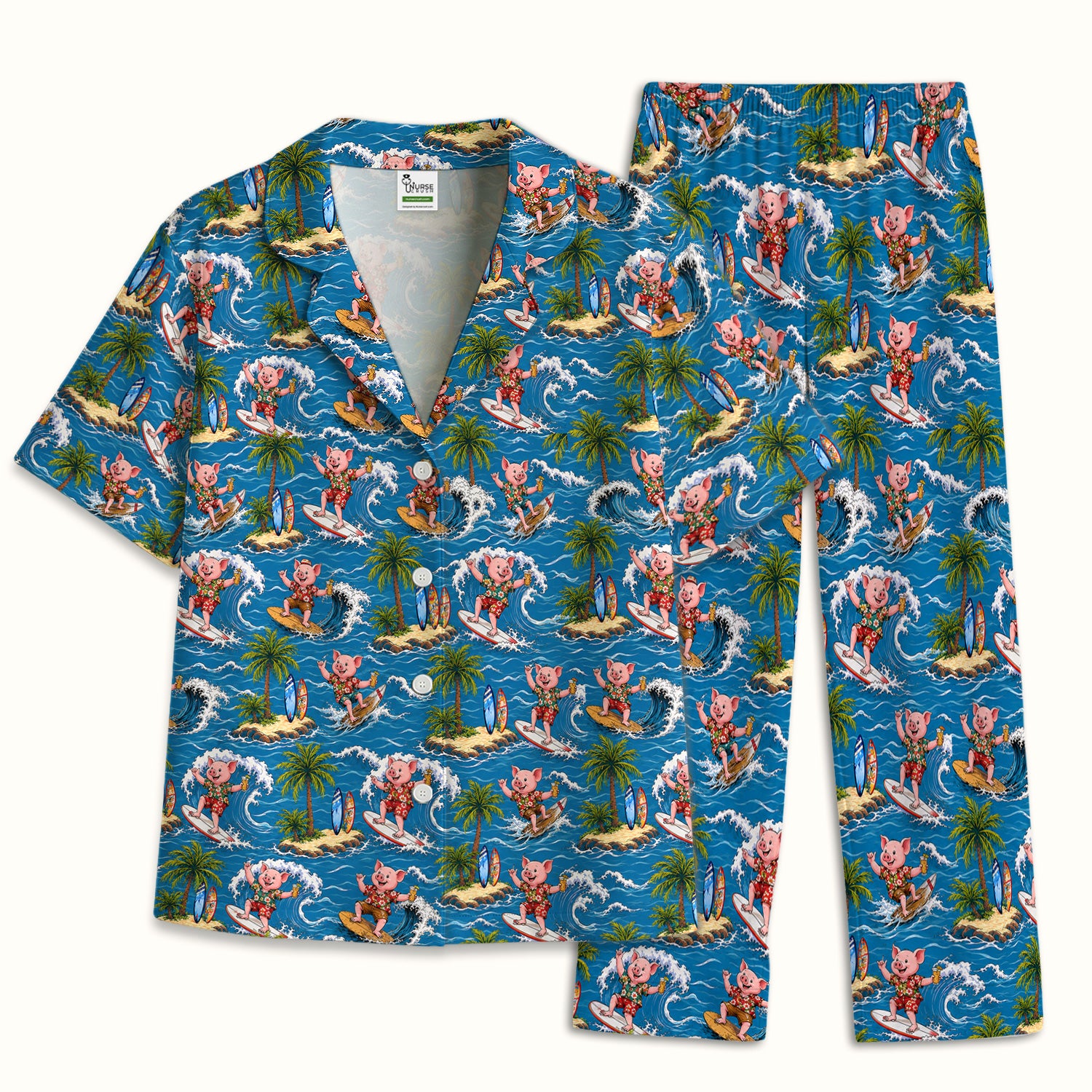 Tropical Surfing Pig Island Pattern Pajama Set, Soft Breathable Fabric Comfortable Sleepwear