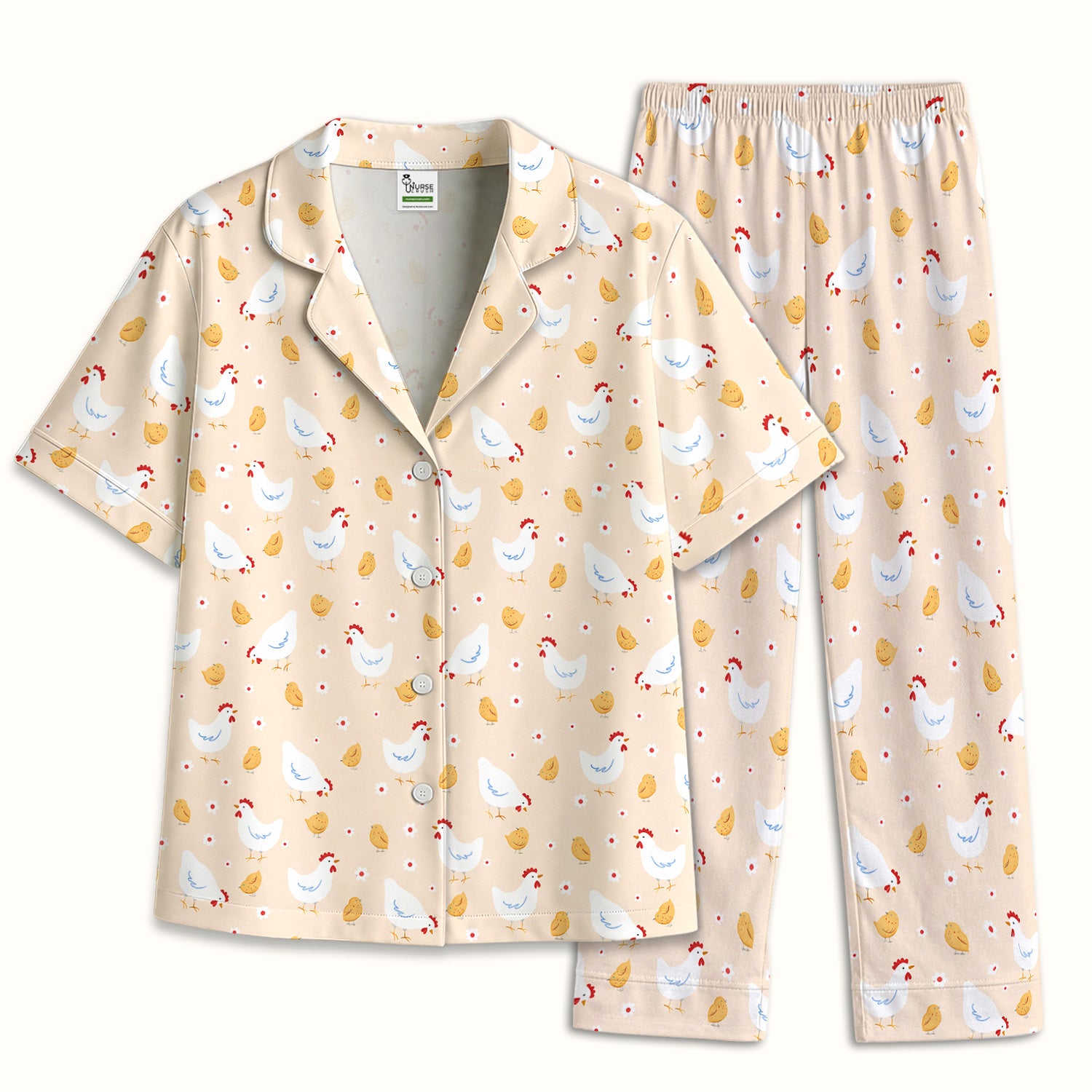 Chicken And Cute Chicks Pattern Pajama Set, Breathable Fabrics Uniform
