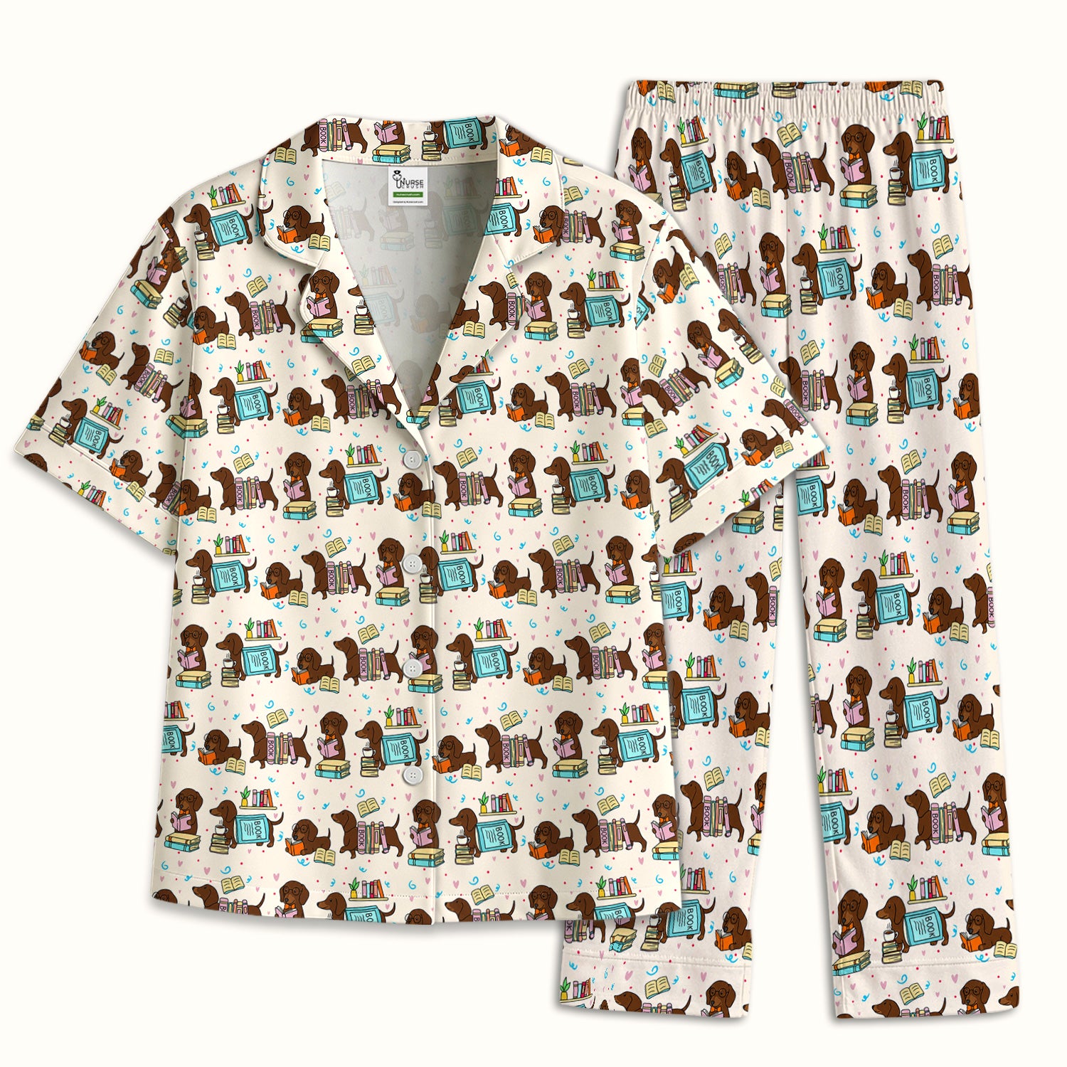 Cute Bookish Dachshund Reading Pajama Set, Soft Breathable Fabric Comfortable Sleepwear