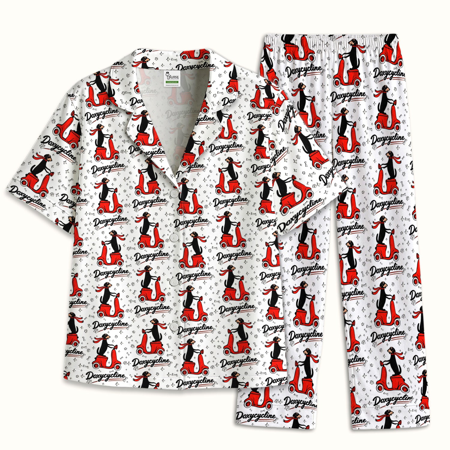Funny Dachshund Riding Scooter Doxycycline Print Pajama Set, Breathable Fabrics Uniform