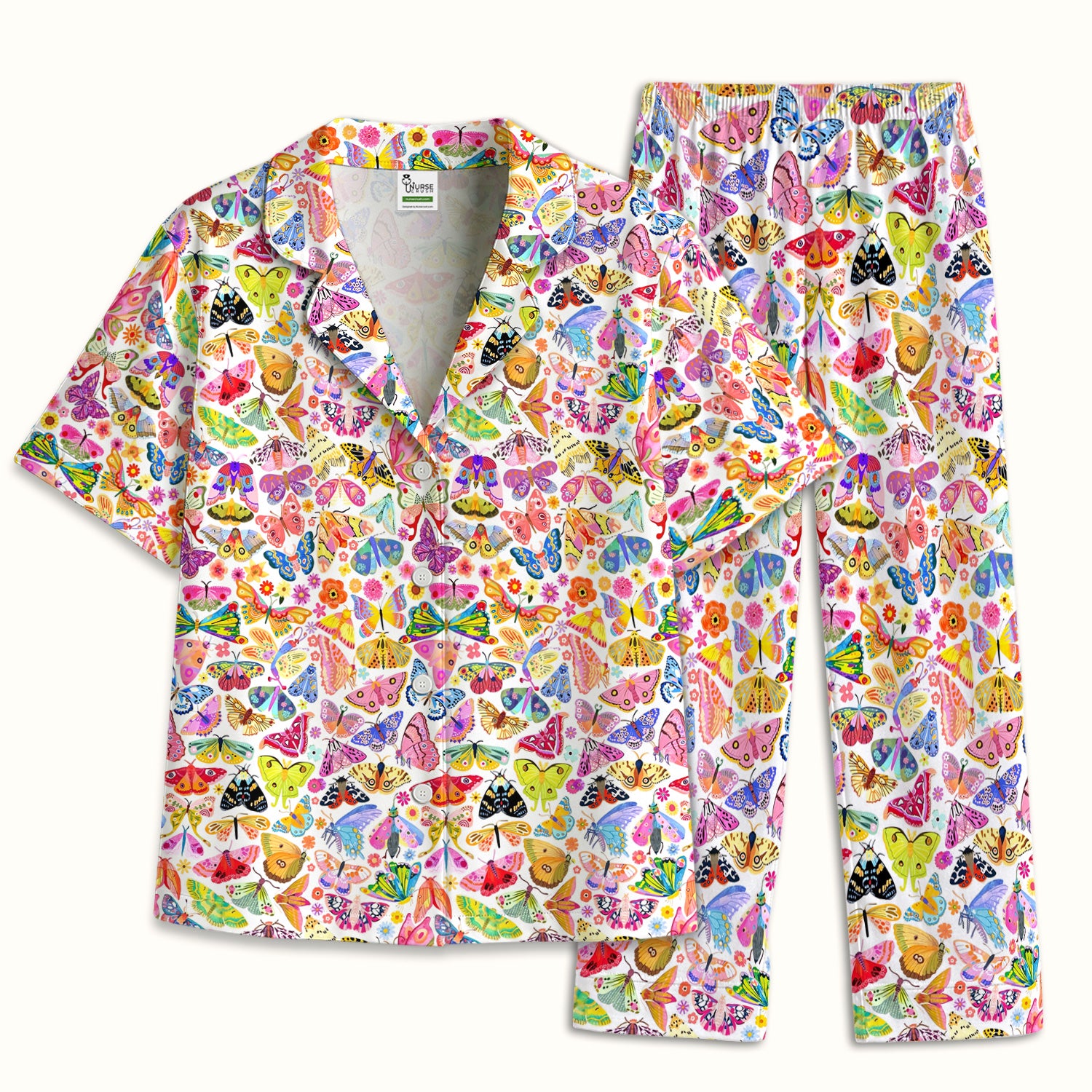 Cute Bright Butterfly Moth Floral Pajama Set, Soft Breathable Fabric Comfortable Sleepwear