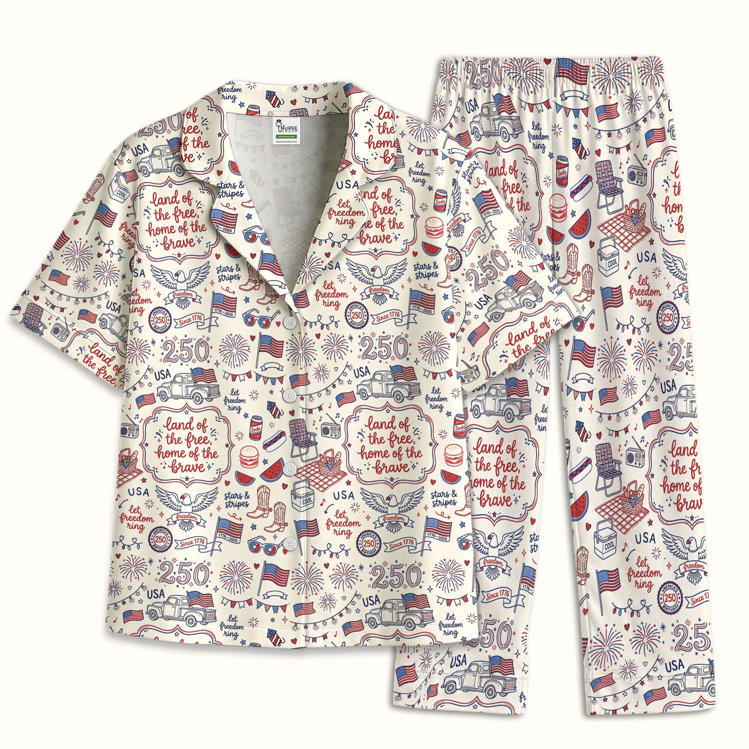 Vintage USA Freedom Print Pajama Set, Soft Breathable Fabric Comfortable Sleepwear