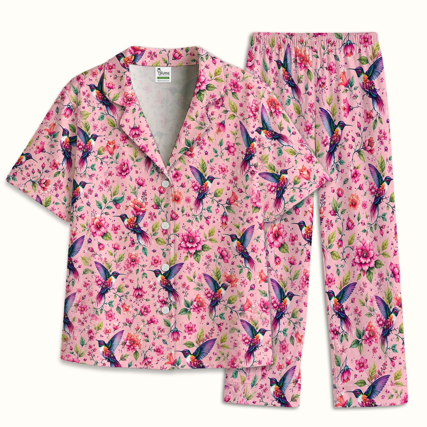 Pink Hummingbird Floral Garden Pattern Pajama Set, Soft Breathable Fabric Comfortable Sleepwear