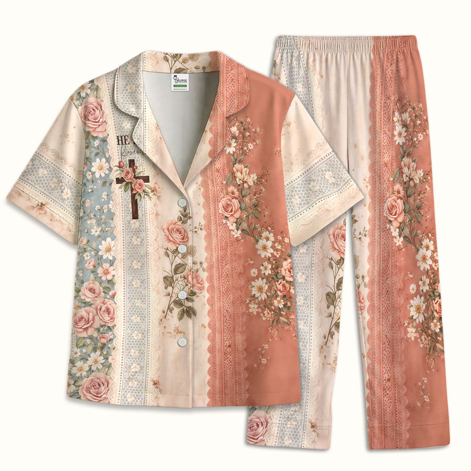 Inspirational Christian Cross Rose He Is Risen Vintage Floral Pattern Pajama Set, Breathable Fabrics Uniform