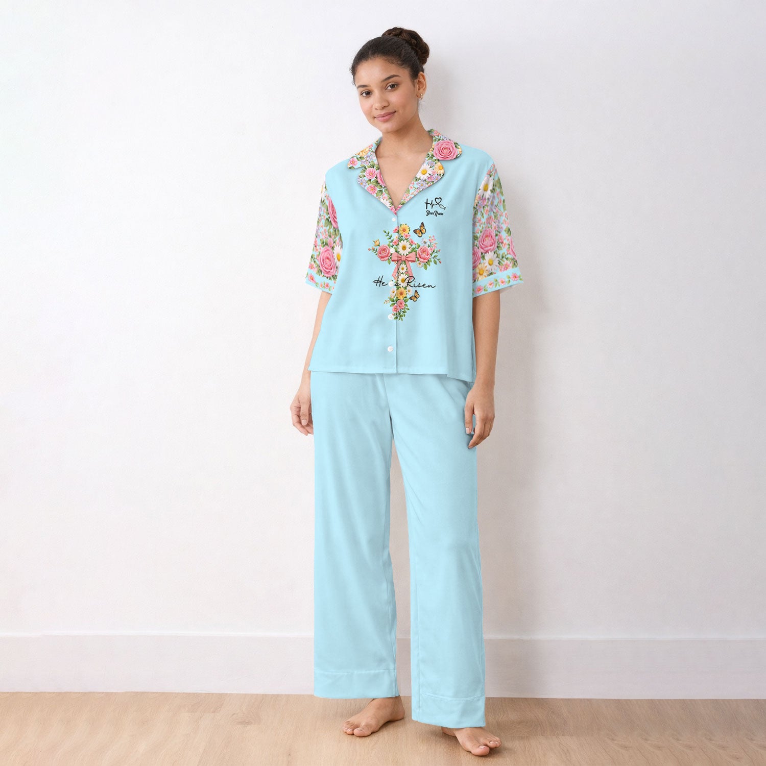 Personalized Meaningful Easter Nurse He Is Risen Floral Cross Bow Pattern Pajama Set, Breathable Fabrics Uniform