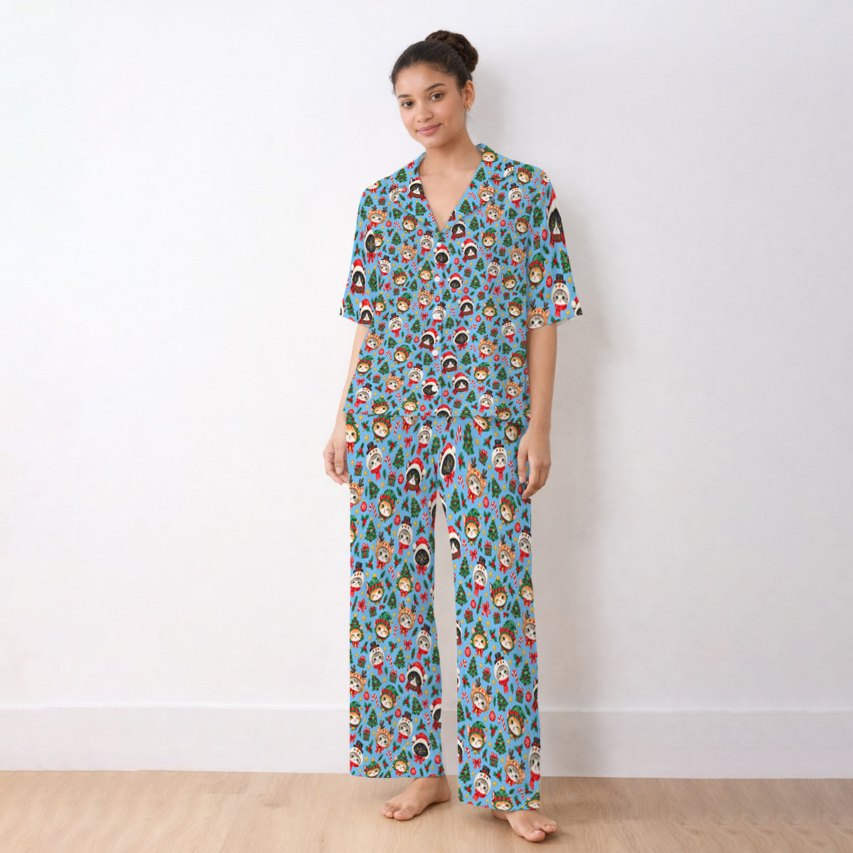 Christmas Cats And Trees Pattern Pajama Set, Breathable Fabrics Uniform