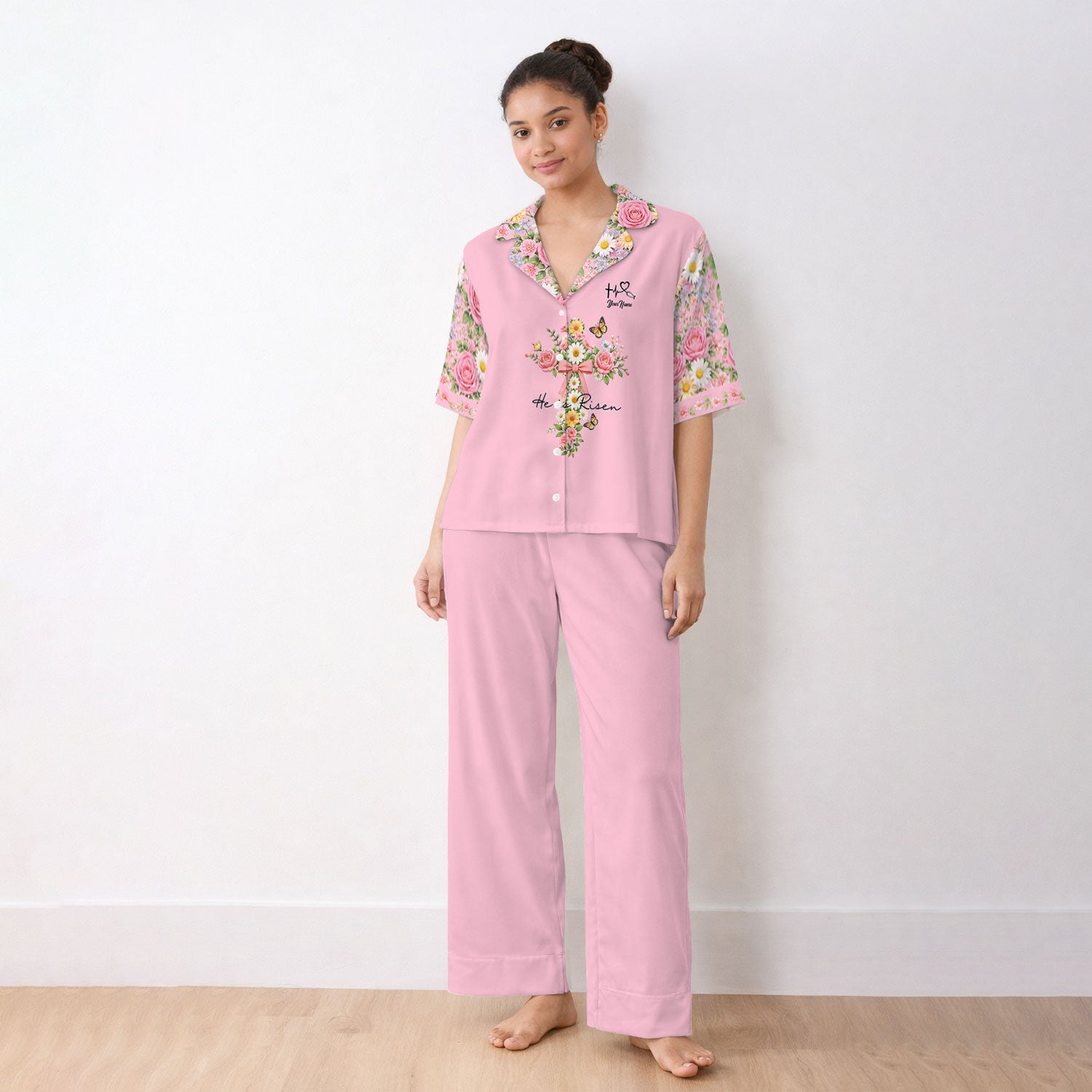 Personalized Meaningful Easter Nurse He Is Risen Floral Cross Bow Pattern Pajama Set, Breathable Fabrics Uniform
