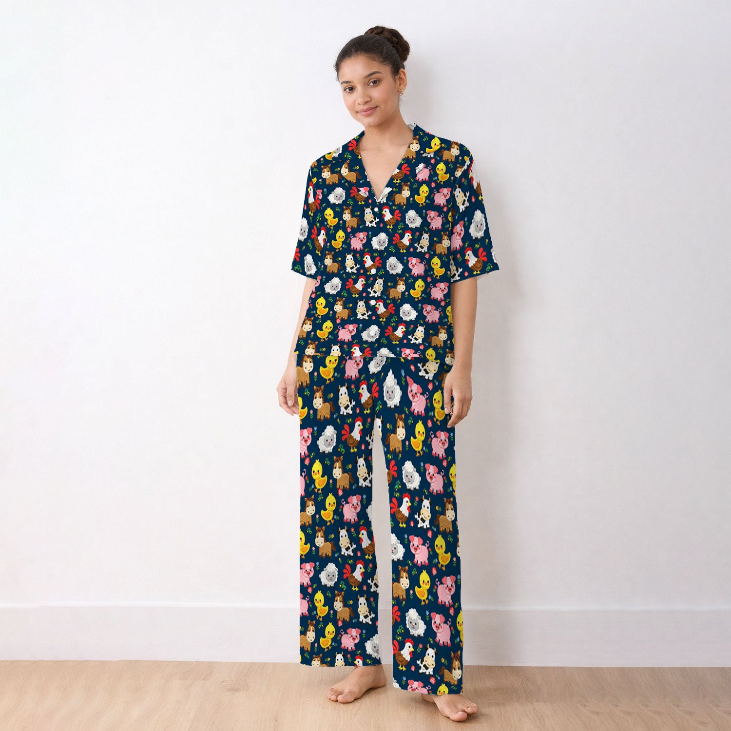 Cartoon Farm Animal Pattern Pajama Set, Breathable Fabrics Uniform