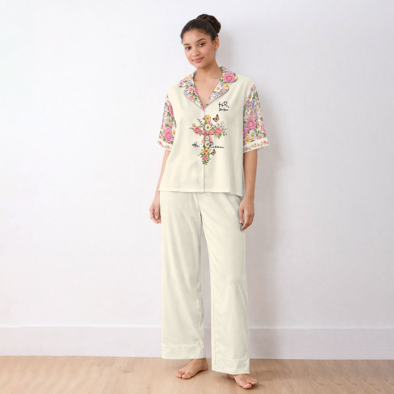 Personalized Meaningful Easter Nurse He Is Risen Floral Cross Bow Pattern Pajama Set, Breathable Fabrics Uniform