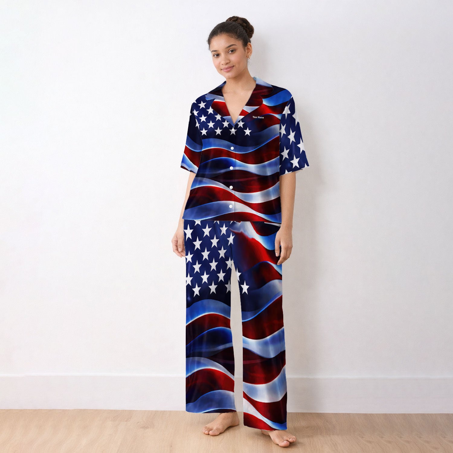 Personalized American Flag Stars Stripes Pattern Nurse Pajama Set, Soft Breathable Fabric Comfortable Sleepwear