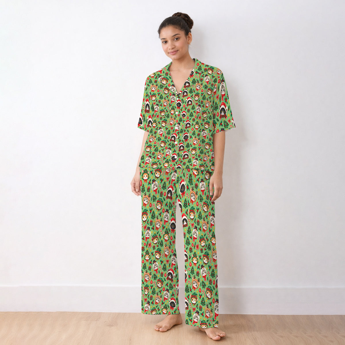 Christmas Cats And Trees Pattern Pajama Set, Breathable Fabrics Uniform