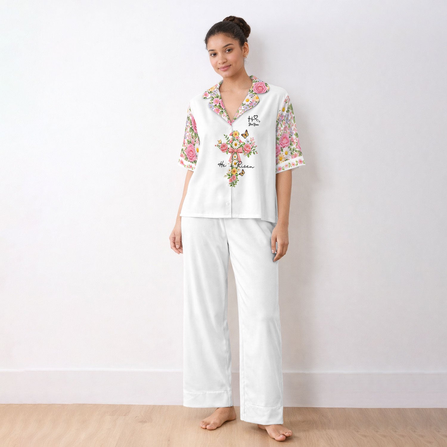Personalized Meaningful Easter Nurse He Is Risen Floral Cross Bow Pattern Pajama Set, Breathable Fabrics Uniform