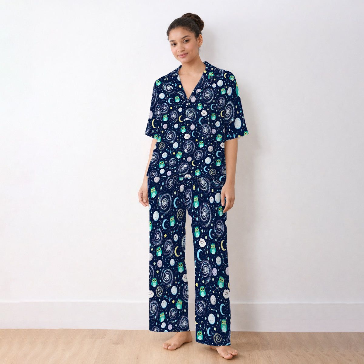 Cute Night Owl Galaxy Pattern Pajama Set, Soft Breathable Fabric Comfortable Sleepwear