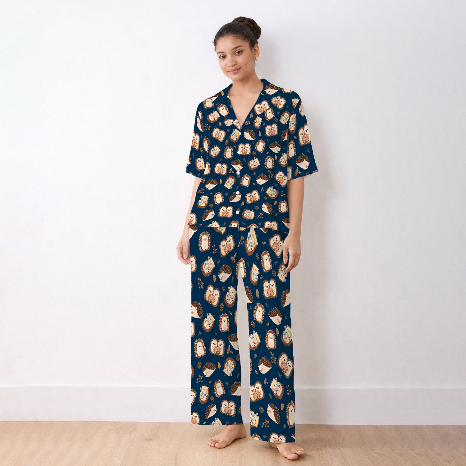 Cute Hedgehog Floral Pajama Set, Breathable Fabrics Uniform