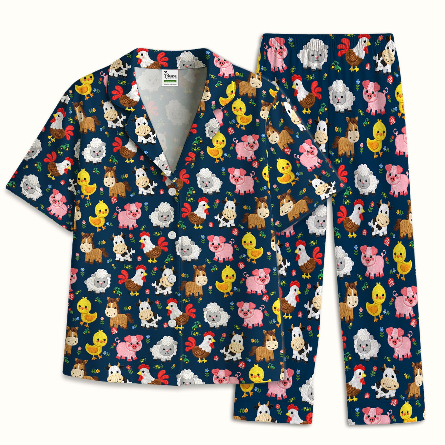 Cartoon Farm Animal Pattern Pajama Set, Breathable Fabrics Uniform