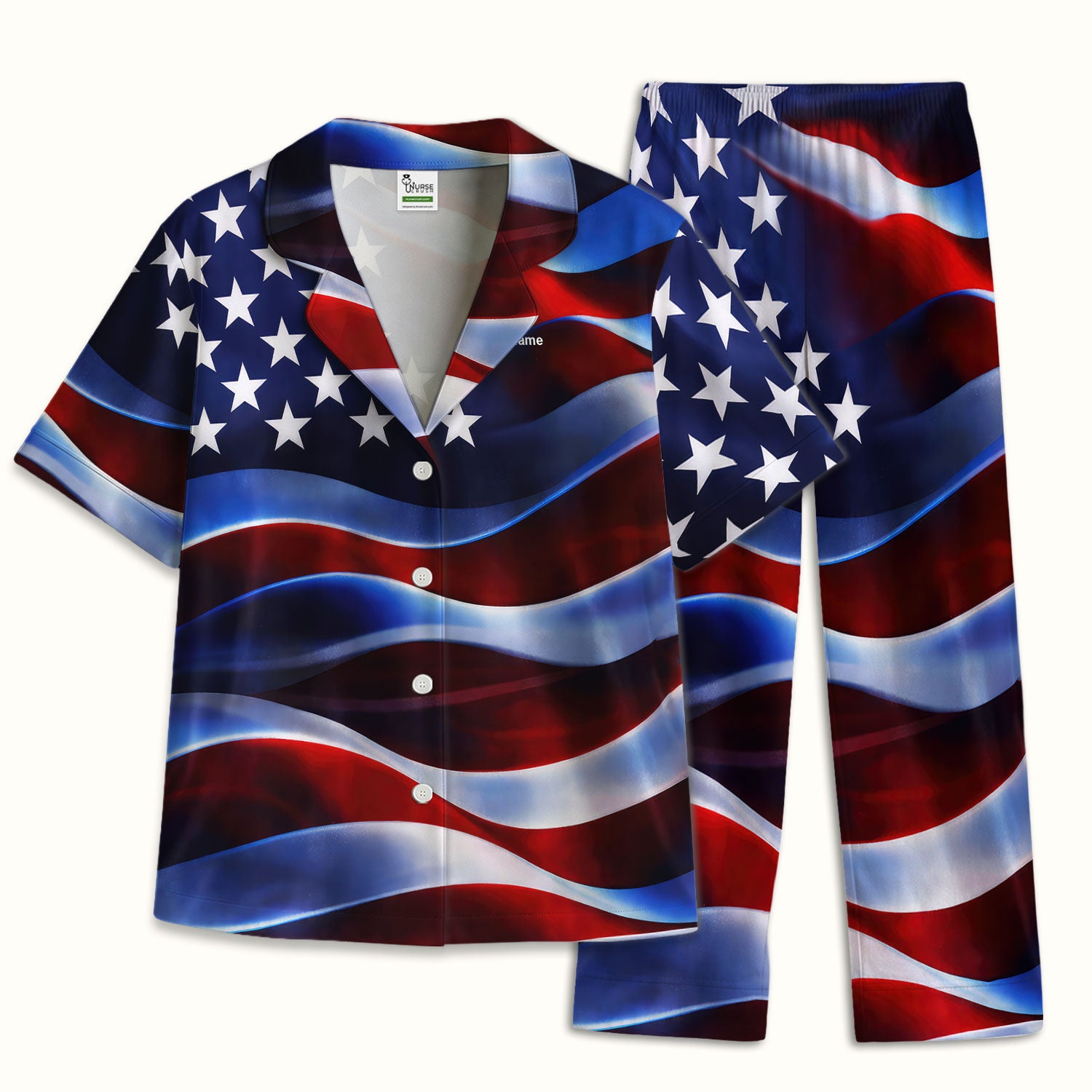 Personalized American Flag Stars Stripes Pattern Nurse Pajama Set, Soft Breathable Fabric Comfortable Sleepwear
