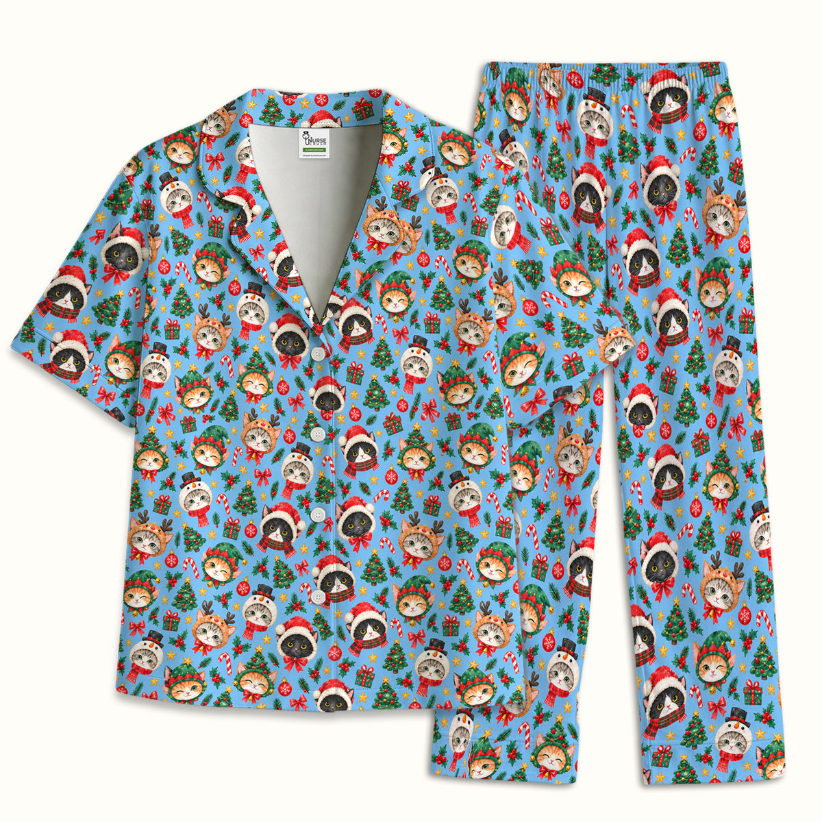 Christmas Cats And Trees Pattern Pajama Set, Breathable Fabrics Uniform