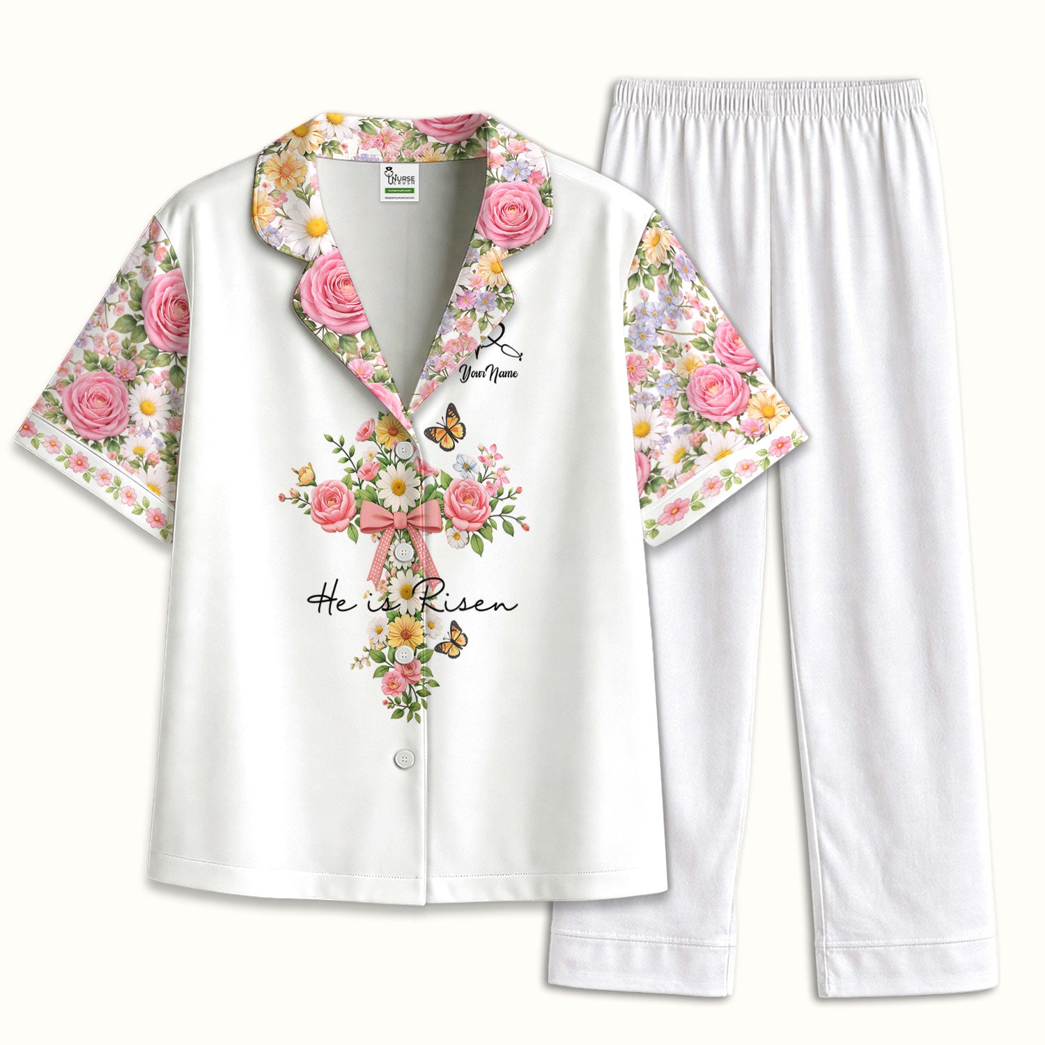 Personalized Meaningful Easter Nurse He Is Risen Floral Cross Bow Pattern Pajama Set, Breathable Fabrics Uniform