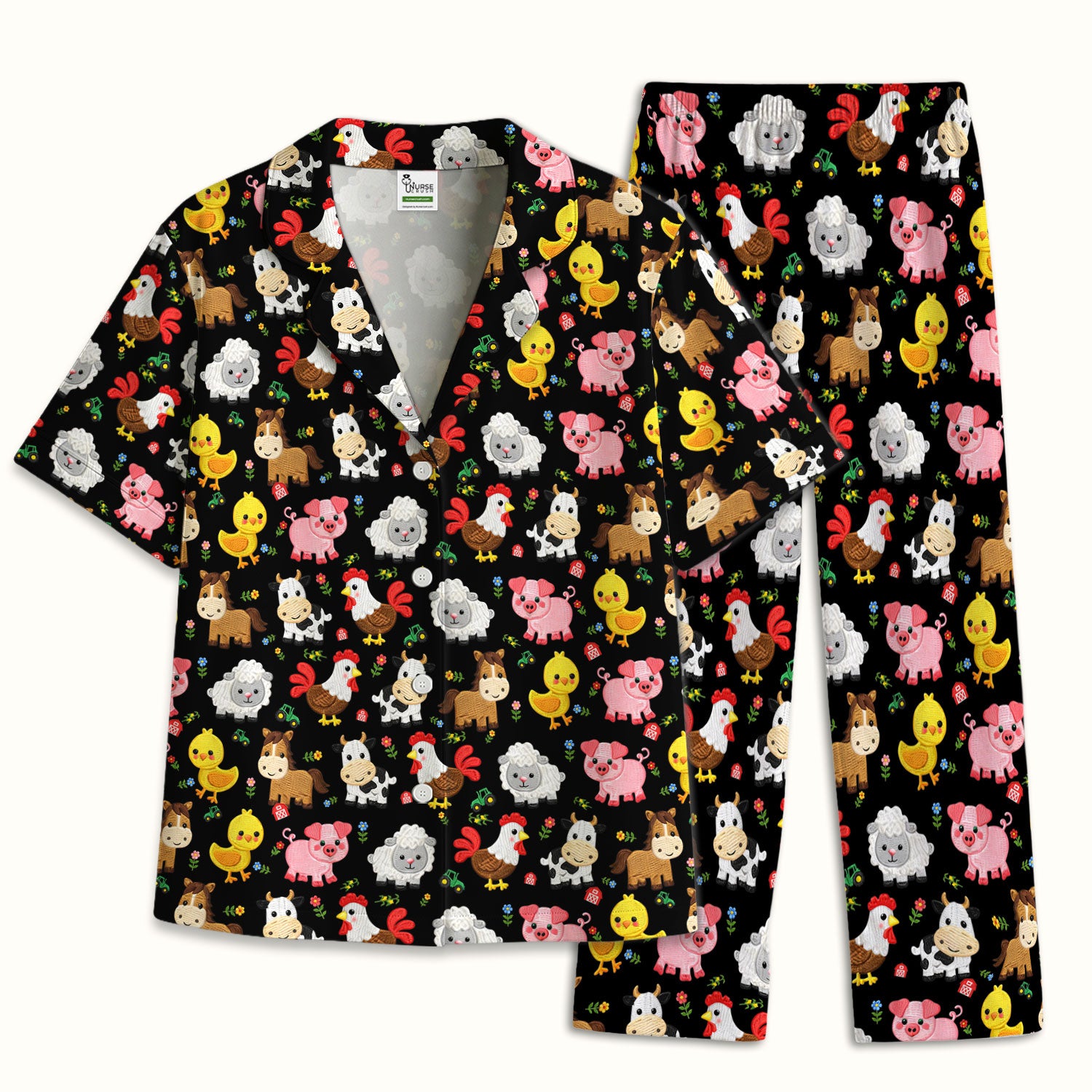Cartoon Farm Animal Pattern Pajama Set, Breathable Fabrics Uniform