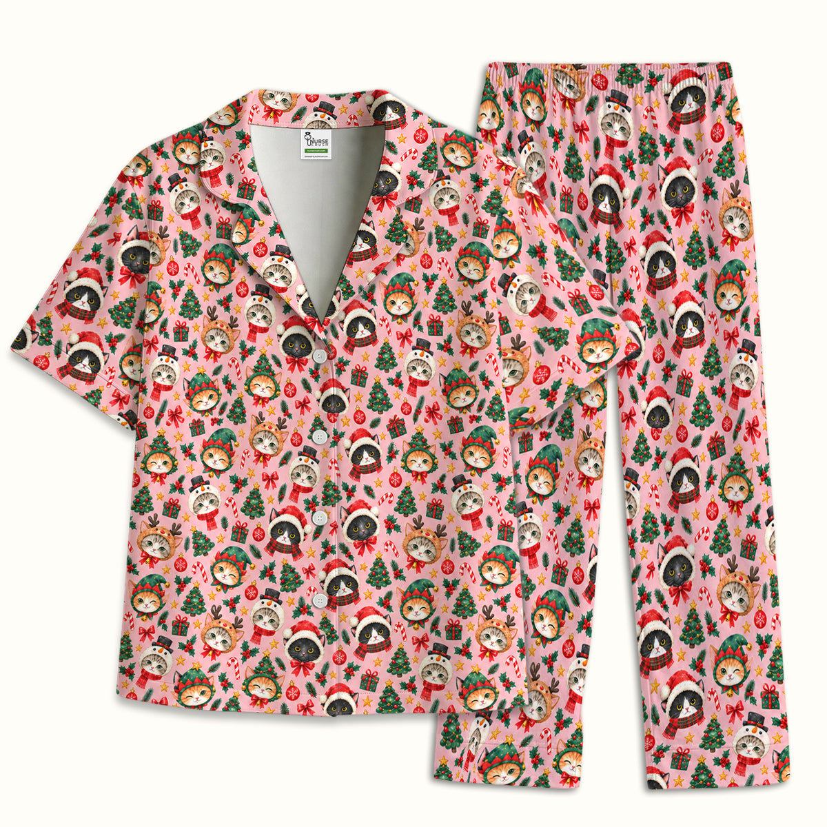Christmas Cats And Trees Pattern Pajama Set, Breathable Fabrics Uniform