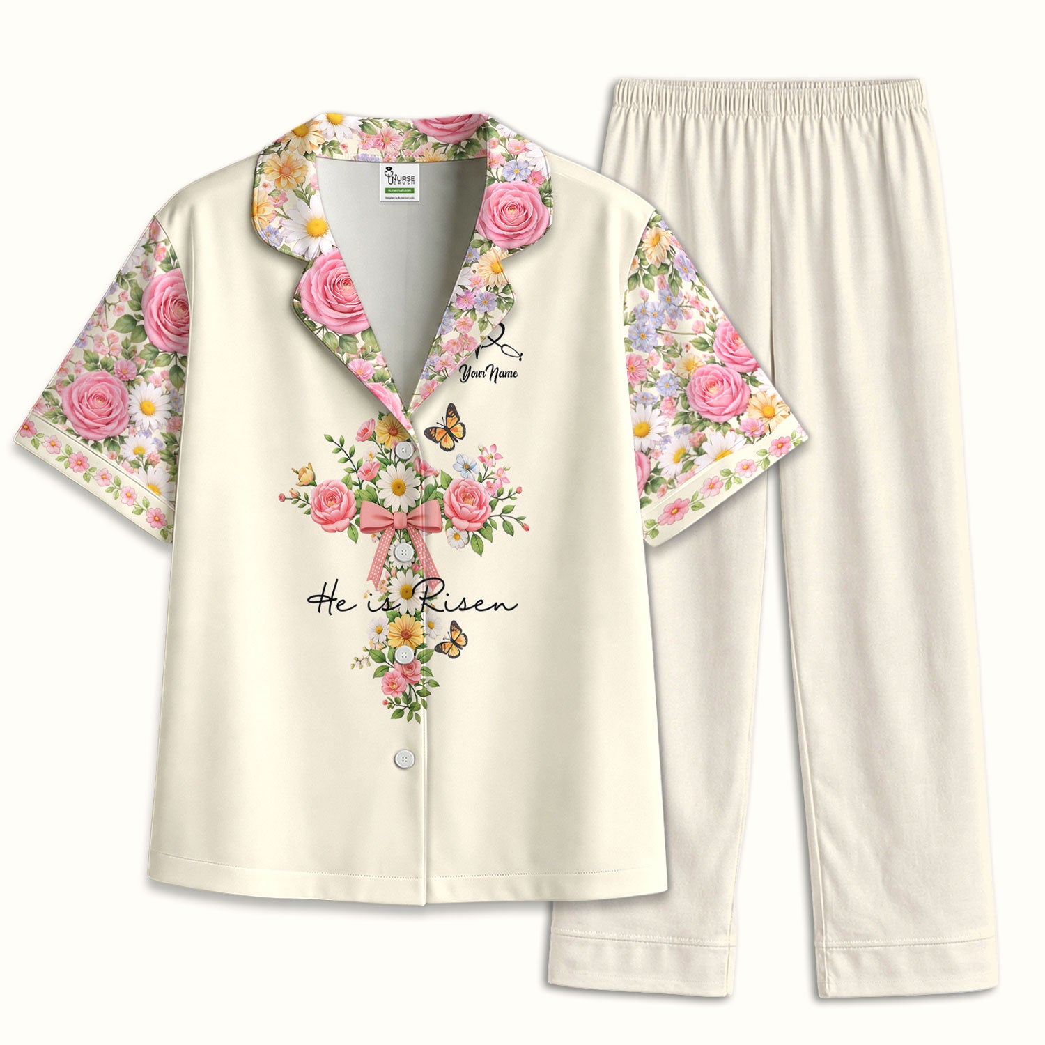 Personalized Meaningful Easter Nurse He Is Risen Floral Cross Bow Pattern Pajama Set, Breathable Fabrics Uniform