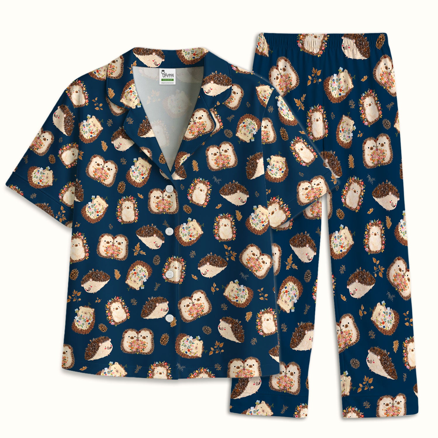 Cute Hedgehog Floral Pajama Set, Breathable Fabrics Uniform
