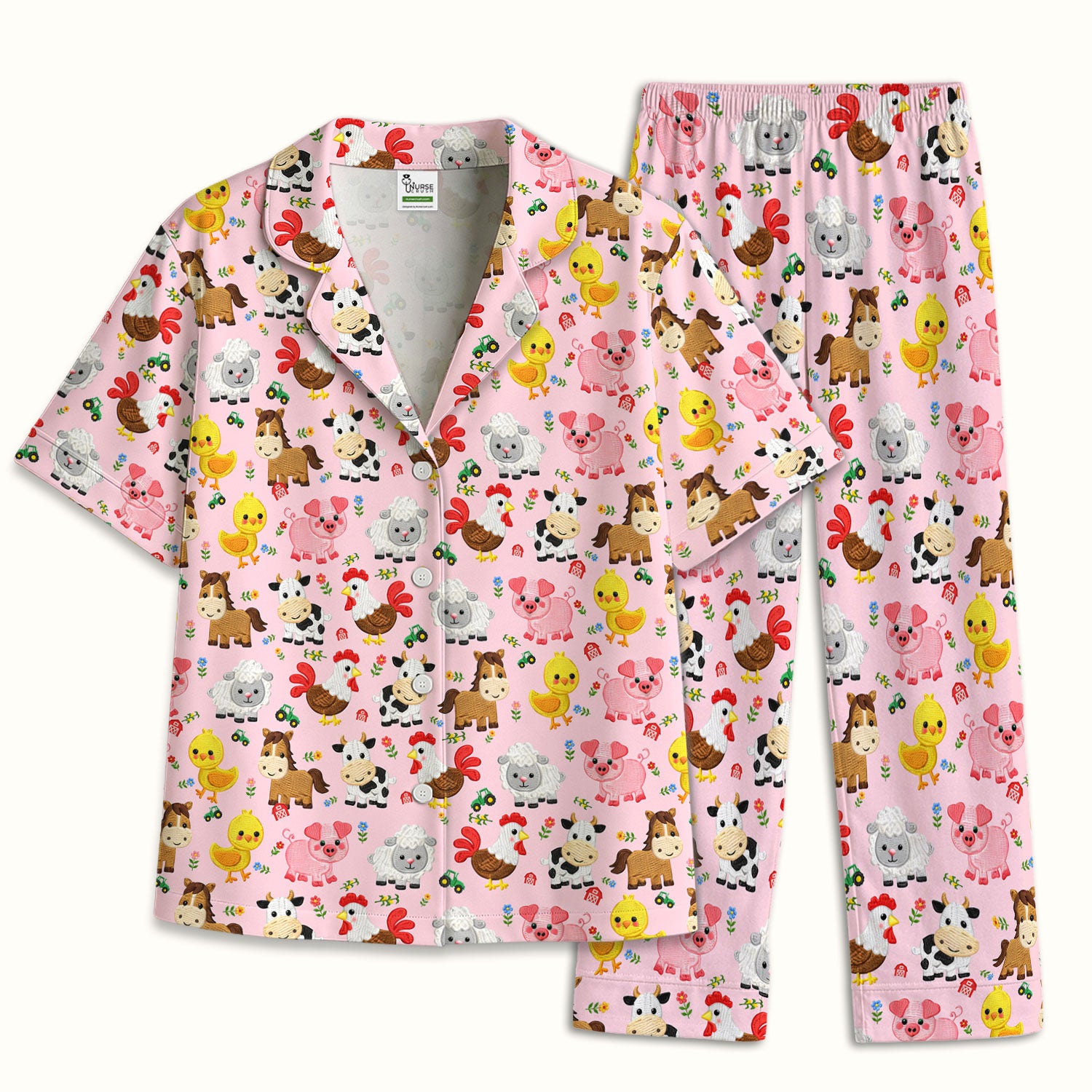 Cartoon Farm Animal Pattern Pajama Set, Breathable Fabrics Uniform