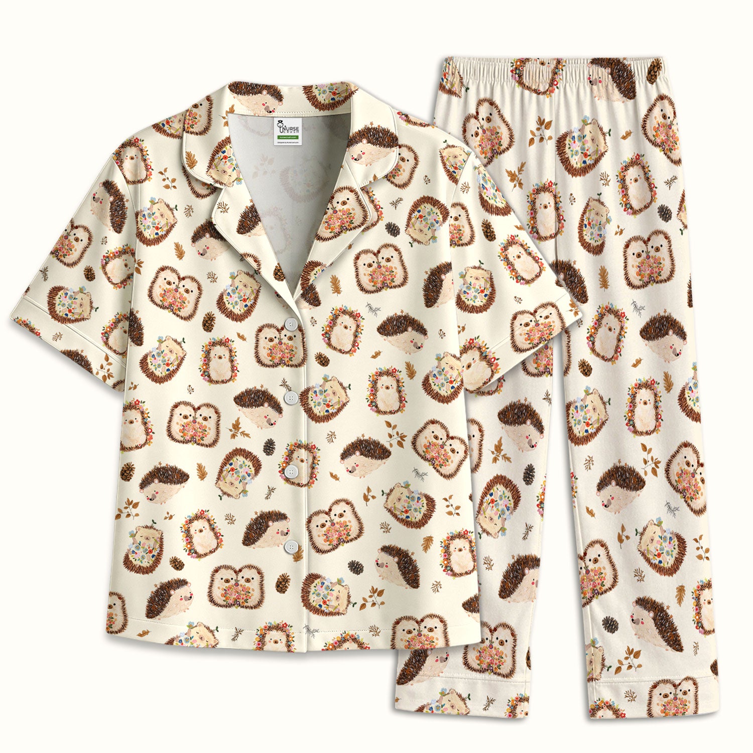Cute Hedgehog Floral Pajama Set, Breathable Fabrics Uniform