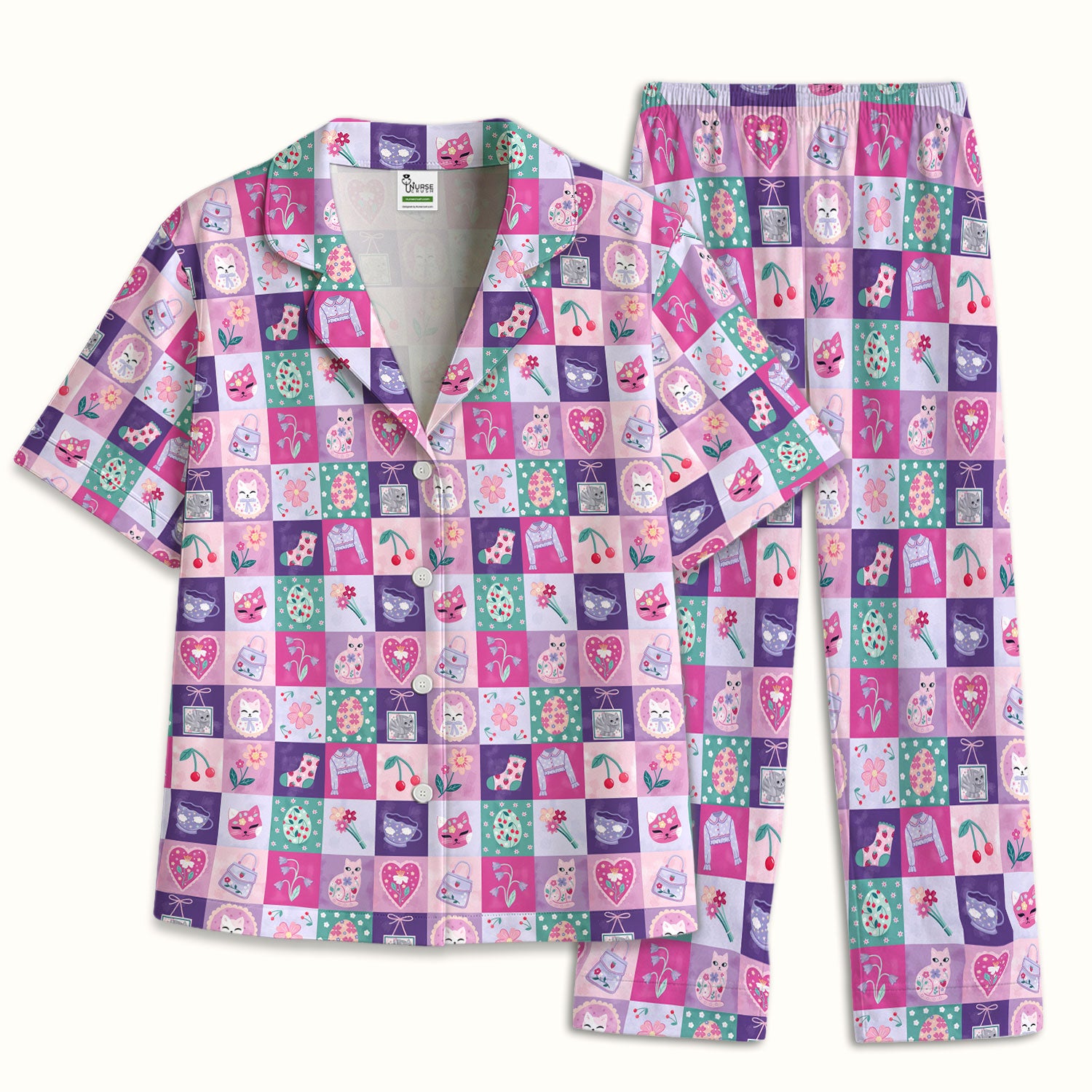 Pastel Cat Patchwork Pajama Set, Kawaii Floral Breathable Fabrics Uniform