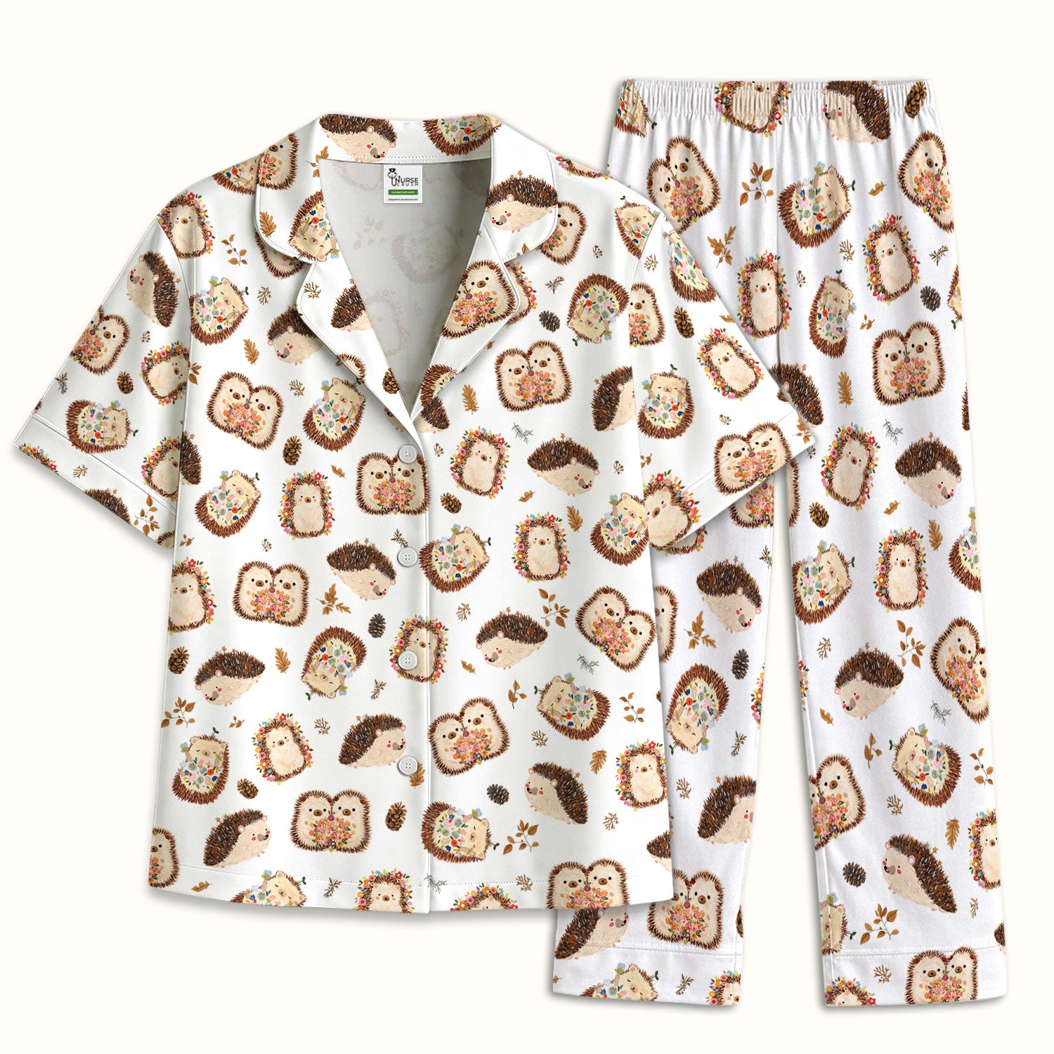 Cute Hedgehog Floral Pajama Set, Breathable Fabrics Uniform