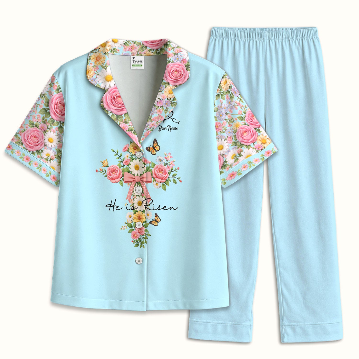 Personalized Meaningful Easter Nurse He Is Risen Floral Cross Bow Pattern Pajama Set, Breathable Fabrics Uniform
