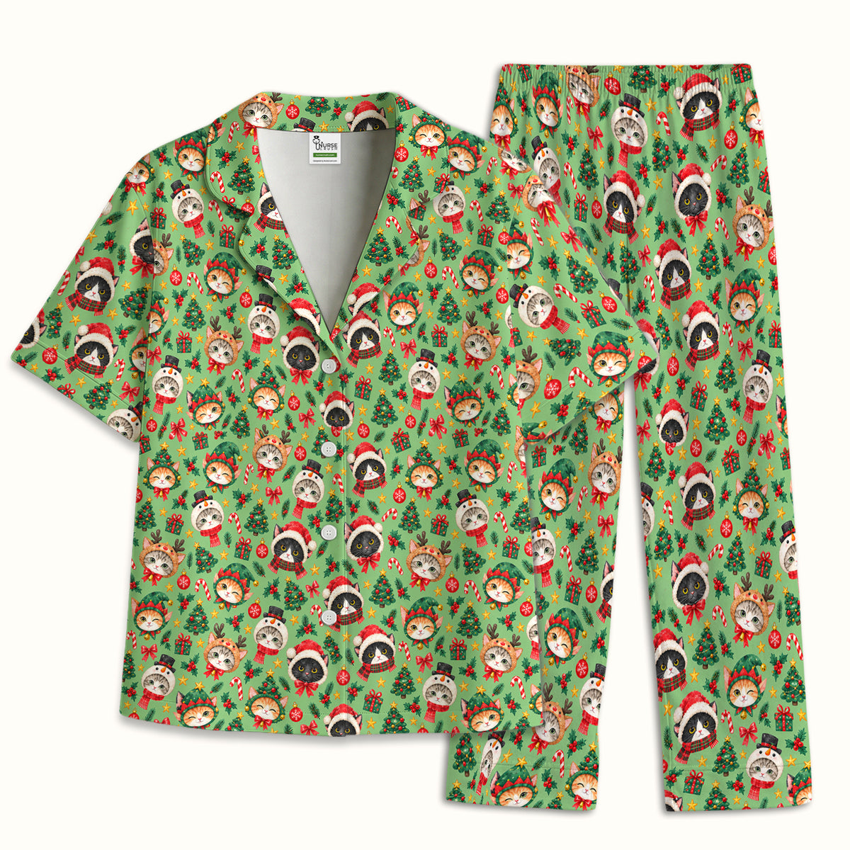 Christmas Cats And Trees Pattern Pajama Set, Breathable Fabrics Uniform