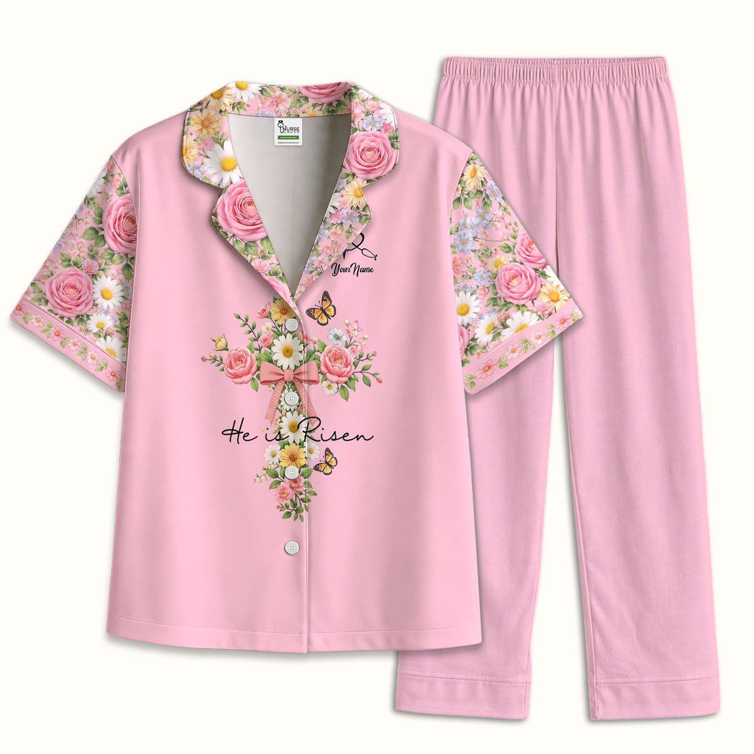 Personalized Meaningful Easter Nurse He Is Risen Floral Cross Bow Pattern Pajama Set, Breathable Fabrics Uniform