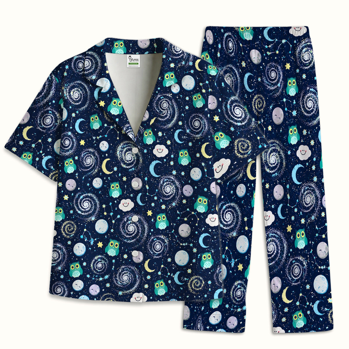 Cute Night Owl Galaxy Pattern Pajama Set, Soft Breathable Fabric Comfortable Sleepwear
