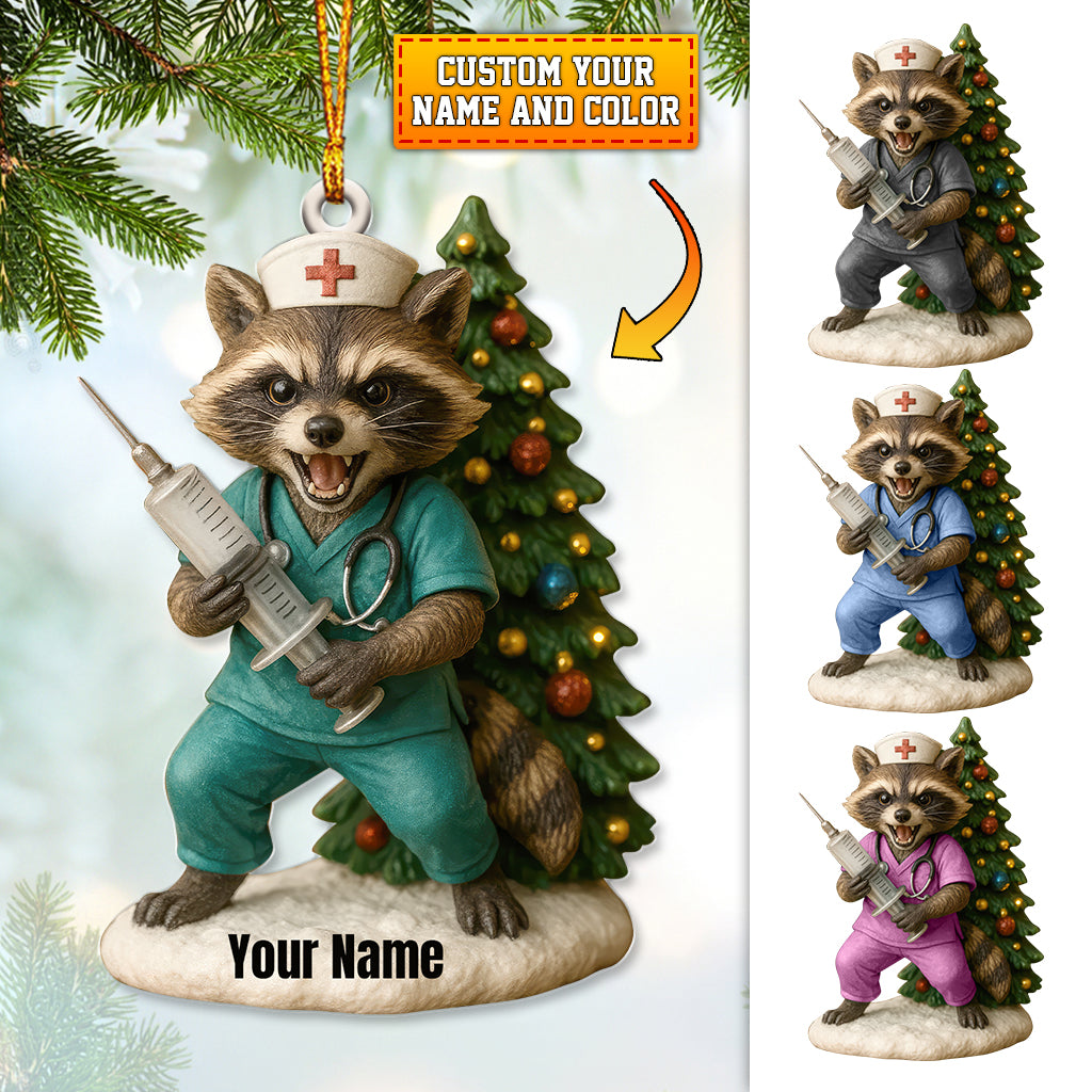Personalized Nurse Raccoon Christmas Ornament, Custom Name Medical Holiday Decor, Funny Healthcare Worker Xmas Gift