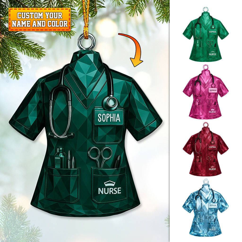Personalized Nurse Scrub Ornament – Custom Name Medical Christmas Uniform Decor – Holiday Gift For Nursing