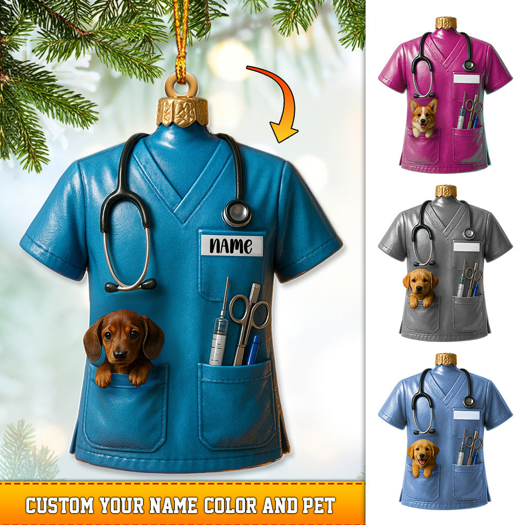 Personalized Nurse Scrub Ornament – Custom Name Pet Pocket Decor, Christmas Medical Gift for Nursing & Vet Workers