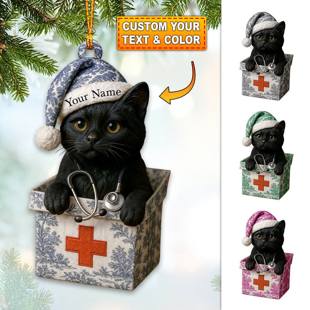 Personalized Black Cat Nurse Ornament, Custom Name Toile De Jouy Medical Decor, Christmas Healthcare Gift for Nursing