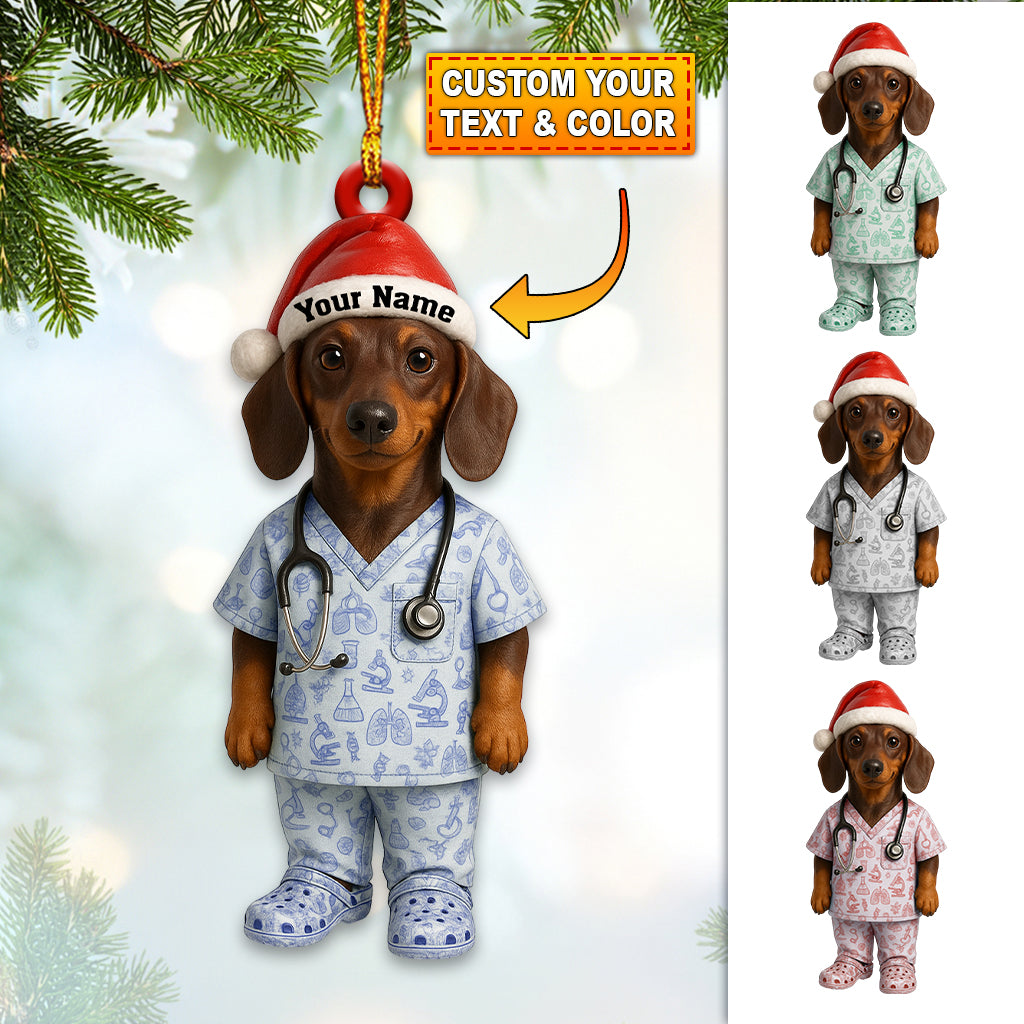 Personalized Dachshund Nurse Ornament – Custom Name Medical Scrub Dog Decor, Toile De Jouy Vet Tech Christmas Gift