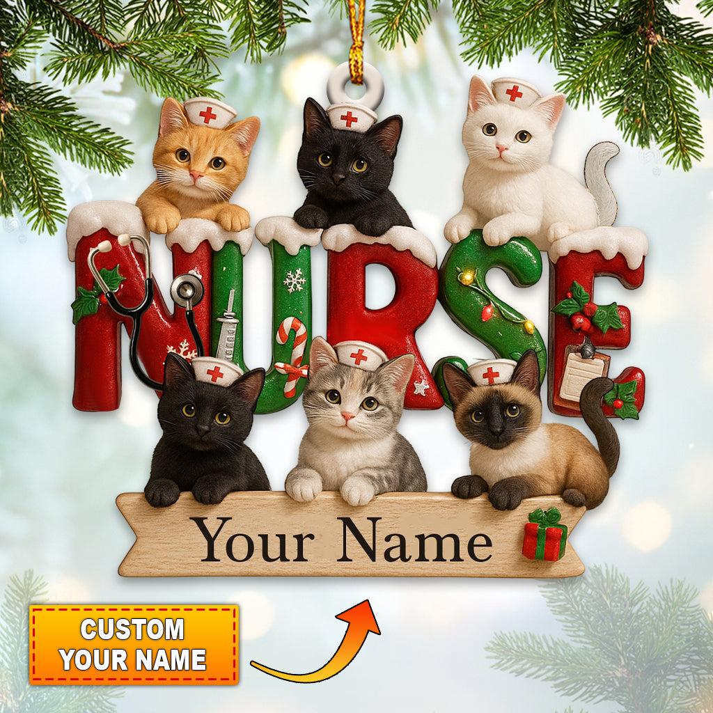 Personalized Nurse Cat Ornament – Custom Name Kitty RN Christmas Decor – Cute Feline Medical Holiday Gift for Cat Lovers