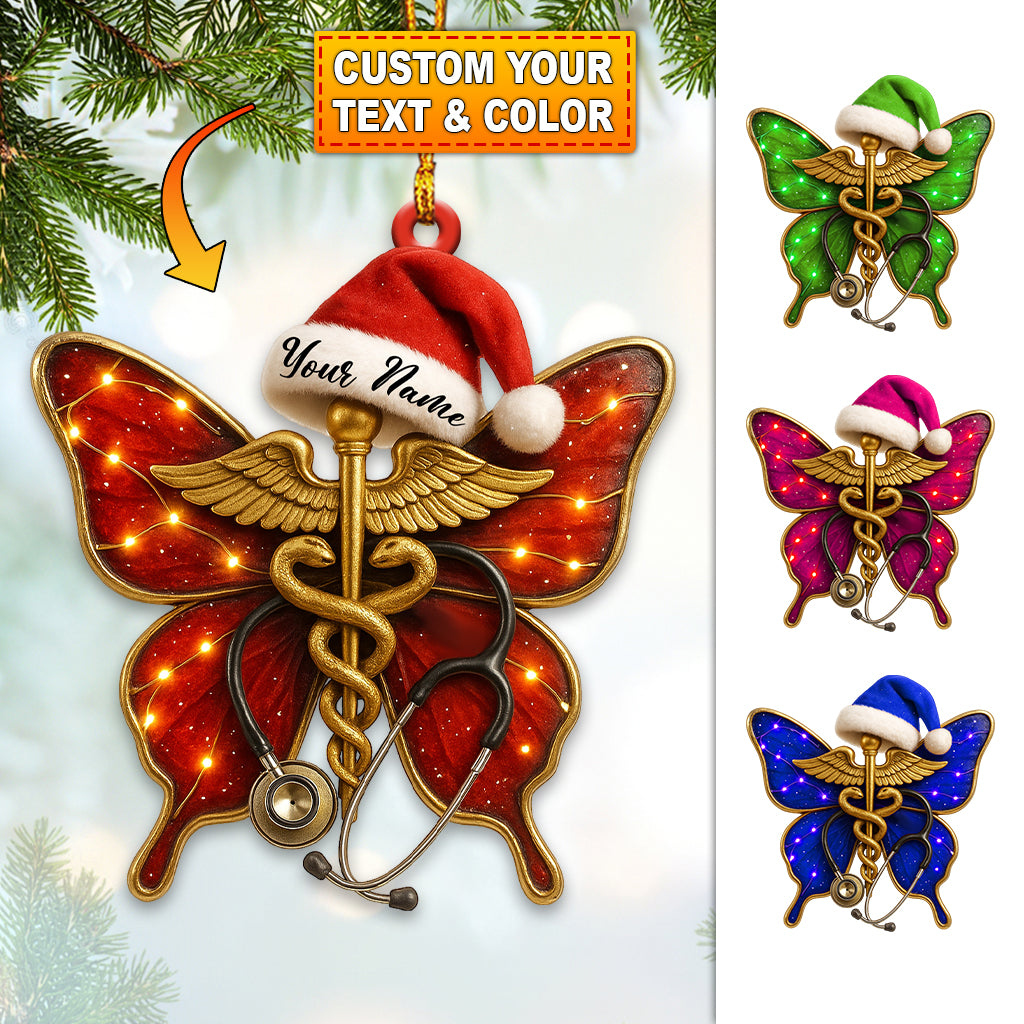 Personalized Butterfly Caduceus Nurse Ornament – Custom Name Medical Christmas Decor for Healthcare Workers