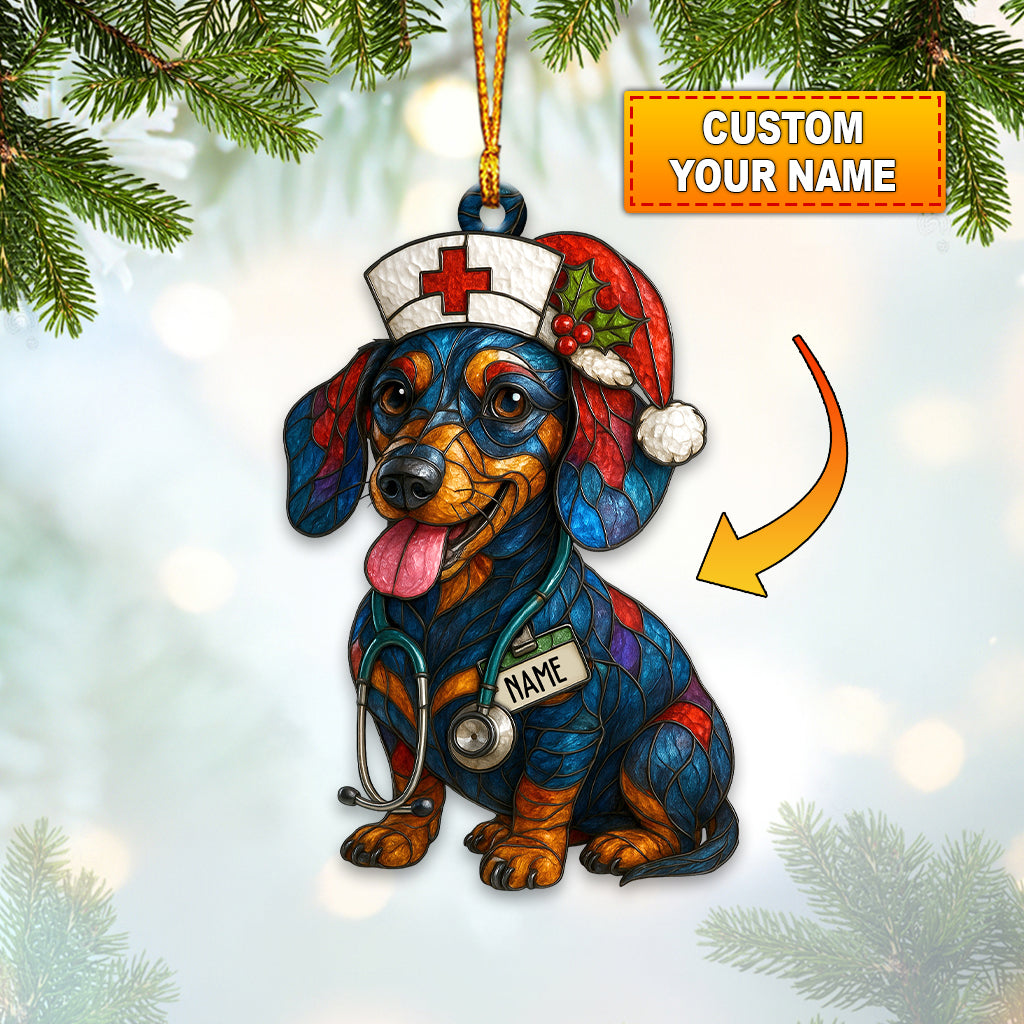 Personalized Nurse Dachshund Christmas Ornament – Custom Name Dog Nurse Holiday Decor, Funny Healthcare Gift for Pet Lovers