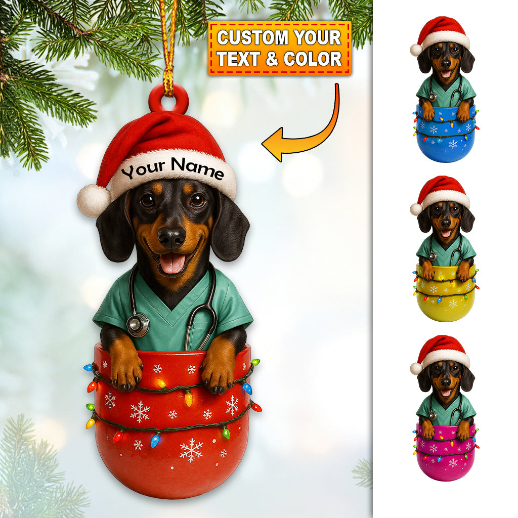 Dachshund Nurse Christmas Ornament – Custom Name Scrub Outfit Holiday Decor, Cute Medical Dog Xmas Gift for Healthcare Workers