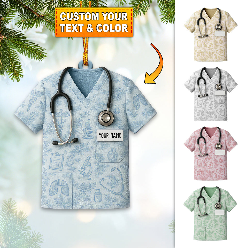 Toile de Jouy Scrub Shirt Ornament – Custom Name Nurse Christmas Decor for Healthcare Workers & Medical Staff