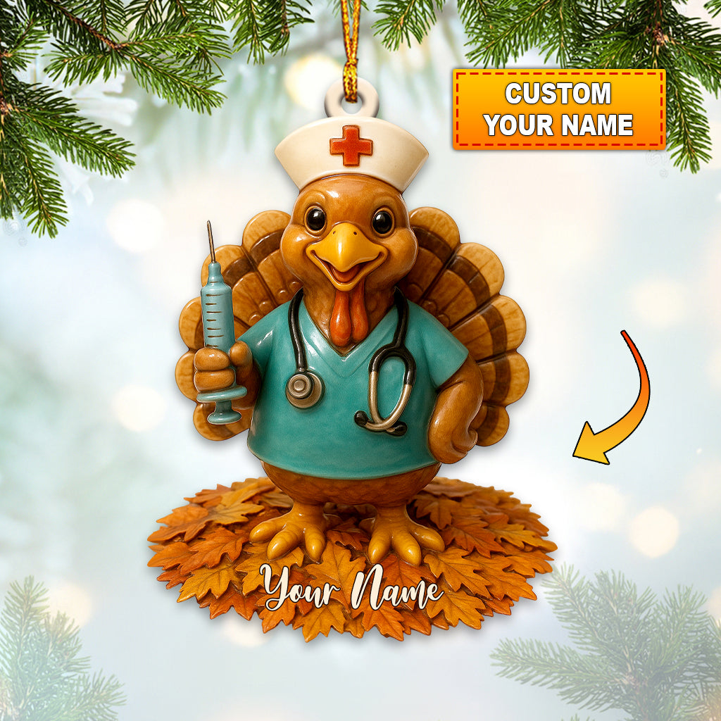 Personalized Nurse Turkey Christmas Ornament – Custom Name Funny Healthcare Decor, Cute Medical Scrub Gift for Nurses & Thanksgiving Humor
