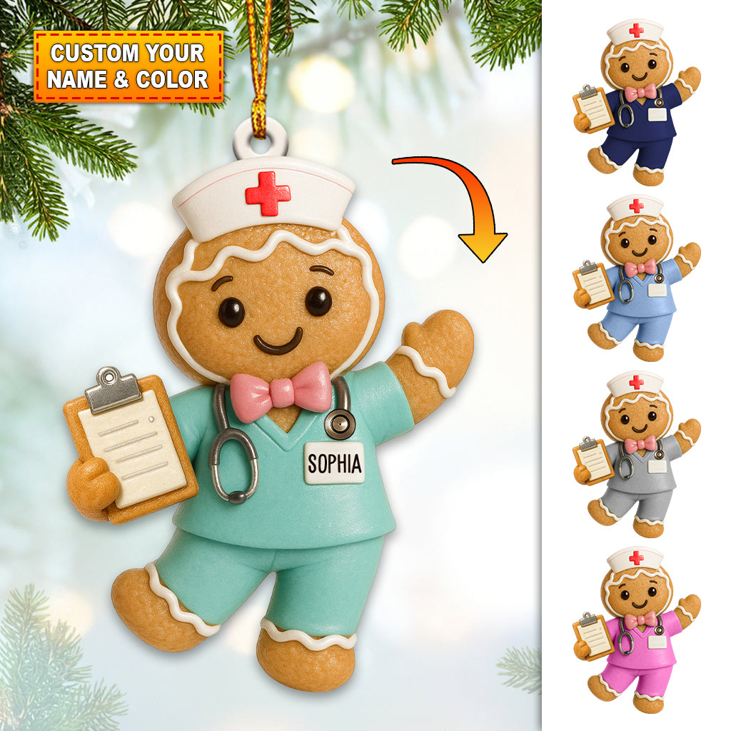 Personalized Gingerbread Nurse Ornament – Custom Name Medical Scrub Decor, Xmas Healthcare Gift, Cute Cookie Figurine for Nurses